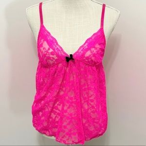 Y2k Hot Pink Coquette Babydoll Stretchy Lace Lingerie Top L - EUC
